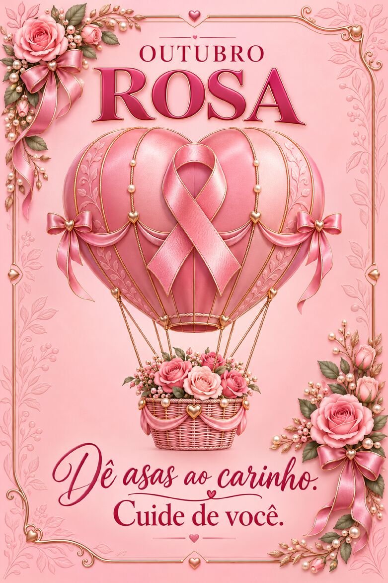 Cartão Outubro Rosa com balão de ar quente rosa em formato de coração e cesta cheia de flores